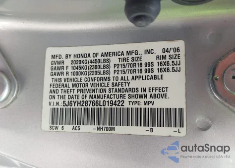 2006 Honda Element Ex-P из США, поврежденный, VIN 5J6YH28766L019422